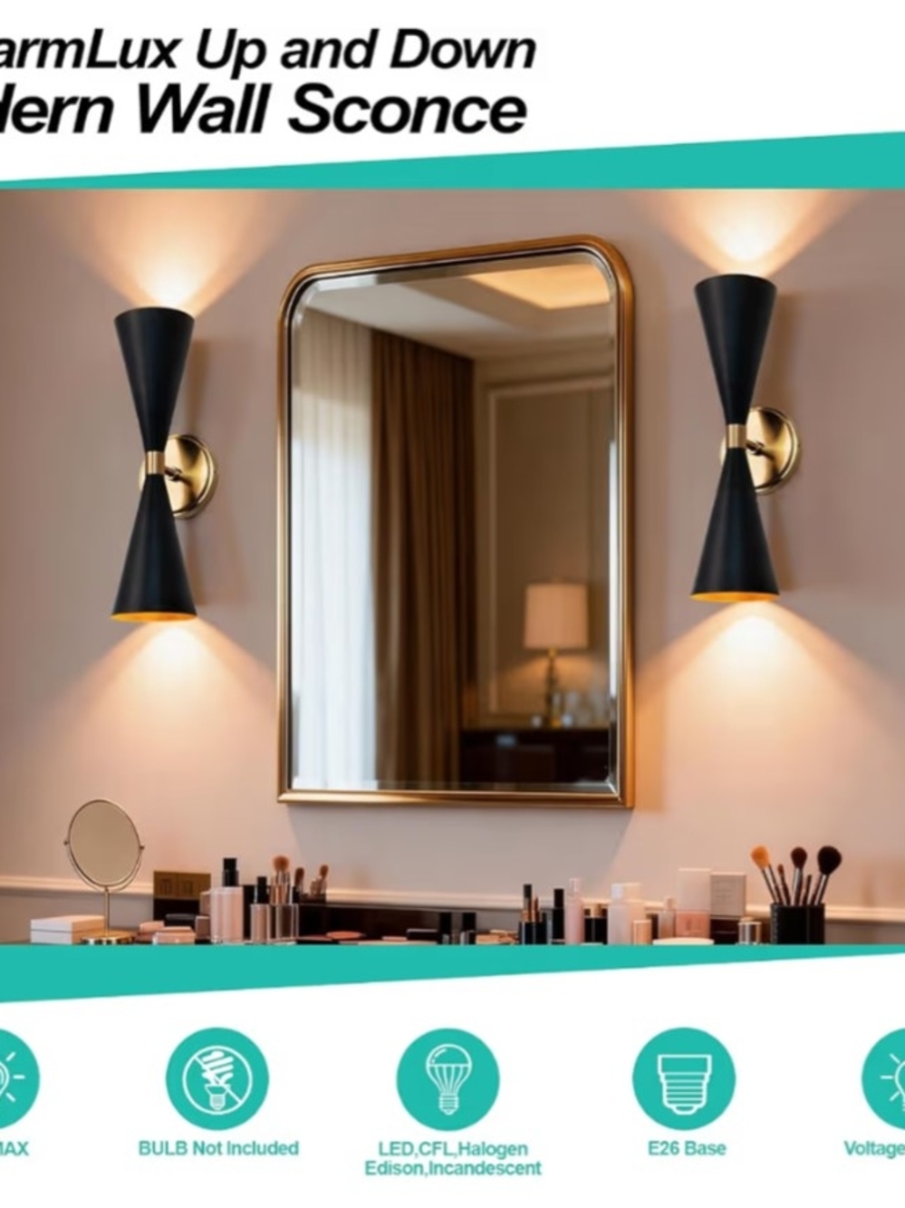 Modern And Sleek Double Cone Wall Sconces in Matte Black and Gold - Pair - Picture 4 of 8
